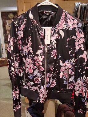 a.n.a Black Bomber Jacket with Pink & Purple Floral Print